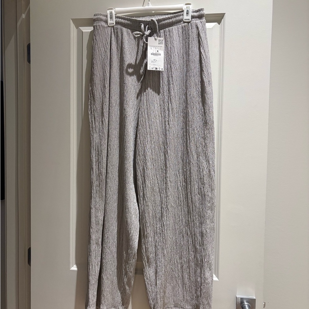Zara Light Gray Textured Drawstring Wide-Leg Pants